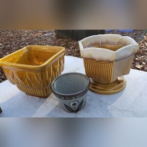 Set of Three Ceramic Planters in Butterscotch Yellow and Cream Blue